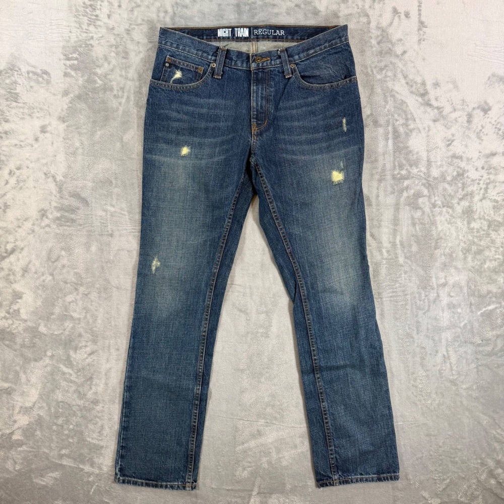 Free World Night Train Regular Fit Jeans Mens Size 32 Dark Blue Distressed Denim